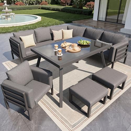Lahoomu Halbmond-förmiges Gartensofa-Set für 8 Personen，Robustes Eisengestell mit grauen Polstern，Komplett mit Glastisch, 1 Sessel & 2 Hockern， Wetterfeste Terrassenmöbel für Balkon