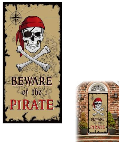 YEDOUALE Pancarta Puerta Pirata 1x1,8 m Banner Decoración Fiesta Pirata con Cuerda “Beware of The Pirate” Fondo Fotográfico Cumpleaños Halloween Interior Exterior
