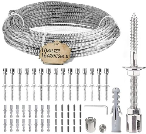 NEWFUN Support pour Plantes Grimpantes，Cable Plante Grimpante Exterieur，Kit Complet en Acier Inoxydable avec Supports Muraux Et Corde De 3 MM, Corde De 16 M，pour Jardin/Mur Béton/Clôture Câble