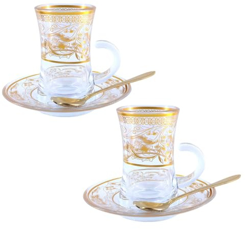 Bicchieri da tè turchi tazze e piattini, Tazze da caffè espresso con motivo in rilievo oro, Set di tazze da tè in vetro, Tazza da tè da 120 ml con manico, 2 fiori d'oro E