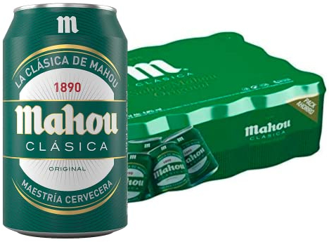 Mahou Clásica, Pack 24 Latas x 33cl, Cerveza Dorada Lager, Auténtica Cerveza Mahou Con Sabor Suave, Refrescante y Con Espuma Consistente, 4.8% Vol. Alcohol
