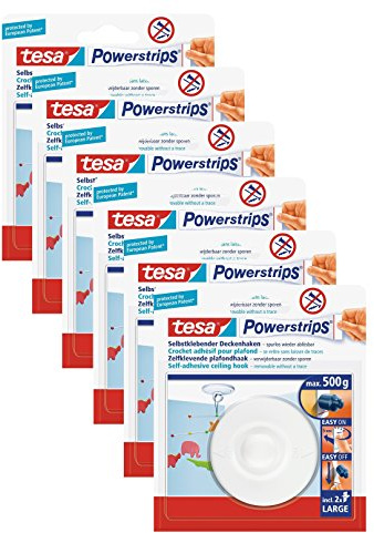 tesa 6x Deckenhaken mit Powerstrips, selbstklebend, wieder ablösbar, bis 0,5kg | 6 Haken