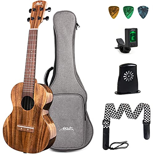 AKLOT Ukulele aus massivem Akazienholz, super warmer Ton für professionelle Anfänger und Erwachsene, Set mit kostenlosen Online-Kursen, Gigbag, Gurt, Stimmgerät, Plektren, Buch, Luftbefeuchter
