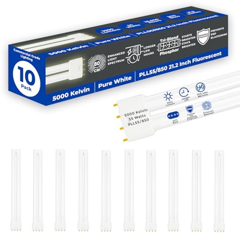 GoodBulb PLL55/850 | 55W 21.2 Twin Tube Compact Fluorescent Light Bulb | 4-pin 2G11 Base 5000K Daylight 3900 Lumen | 36000 Hour Long Life Biax | Pack of 10