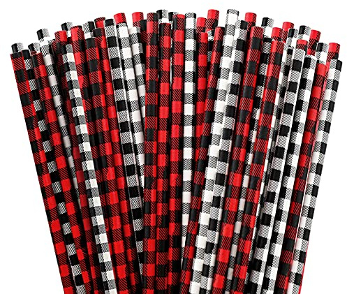 Whaline 100 pajitas de papel de Navidad a granel blanco rojo negro búfalo a cuadros popotes desechables para bebidas, Navidad, invierno, Año Nuevo, boda, cumpleaños, granja, hogar, fiesta, suministros
