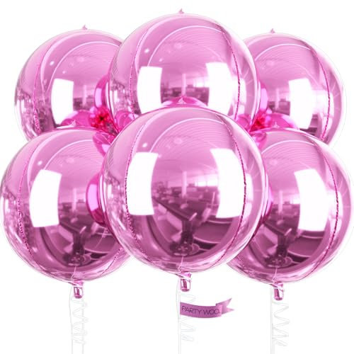 PartyWoo Ballons Roses - Paquet de 6 Géants en Aluminium 4D de 22 Pouces Ronds avec Ruban - Grands Ballons pour Décorations d'Anniversaire