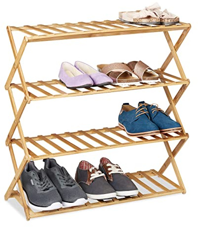 Relaxdays faltbares Schuhregal, 4 Ebenen, 12 Paar Schuhe, Zuhause & Camping, Bambus Schuhständer, HBT 68x67x26 cm, Natur