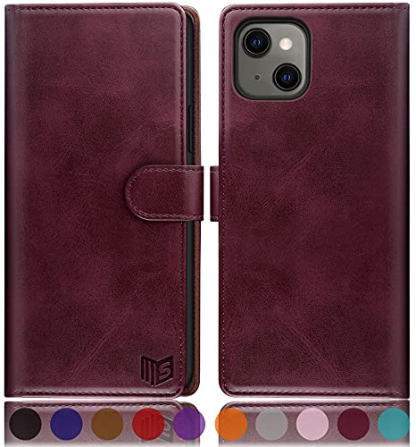 SUANPOT [RFID Schutz für iPhone 13 5G 6,1-Zoll Hülle PU Leder Handyhülle Lederhülle Klapphülle Kartenfach Flip Cover für Apple 13 Handy hülle Leather Wallet Phone Case Rotwein