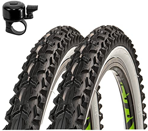 2 x Roverstone 26 Fahrradreifen Fahrradmantel schwarz/weiß 57-559 (26x2,125) inkl. Fahrradklingel