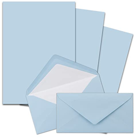 25x Briefpapier-Sets DIN A4 und DL gefütterten Briefumschlägen mit weißem Seidenfutter, Nassklebung - Hellblau - mattes Schreibpapier