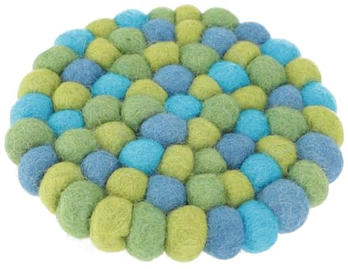 Filzuntersetzer aus Filzkugeln, runde Filzdekoration Ø 10 cm, türkis/bunt | 100% Wolle, handgefertigt in Nepal, schmutz- und wasserabweisend, leicht zu reinigen, schützt Möbel vor Wasserflecken.