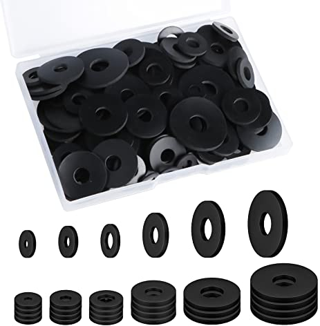 120pcs Flat Rubber Washers, 30/25/20/16/12/10mm Rubber Washers Heavy Duty Black Rubber Grommet Vibration Damping Pads for Household Appliances Faucets Screws Bolts