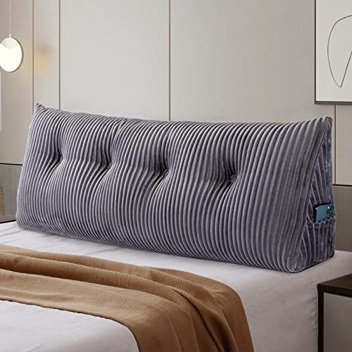 SLIGUY Rückenkissen Lang Keilkissen Lendenkissen, Bett-Rückenstütze Keilform Rückenstützkissen Stützkissen Sitzkissen für Bett Sofa Kopfteil Lesekissen Kopfteilkissen(140 x 50 x 20 cm, grau)