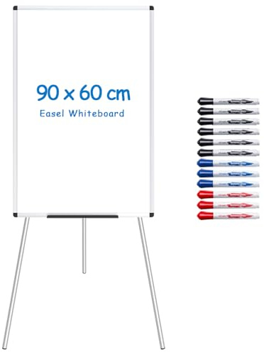 VIZ-PRO Whiteboard/Flipchart-Staffelei, höhenverstellbar, nicht magnetisch, trocken abwischbar, 90 x 60 cm mit 12 Markern