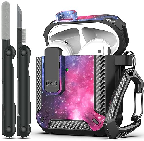 RFUNGUANGO Kompatibel mit für AirPods 2 Generation hülle Schutzhülle mit Reinigungsset, militärische Hartschalen-Schutzhülle mit Schloss für AirPod Gen 1 & 2 Ladehülle,Sternenhimmel