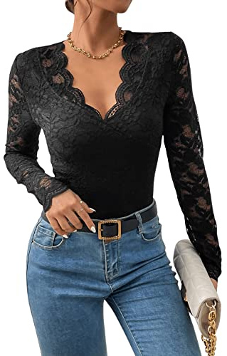 GORGLITTER Body de encaje para mujer, transparente, de manga larga, con cuello en V, Negro , XL