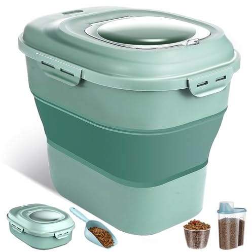 ANVS Dog Food Storage Container-Up to 30Lbs Collapsible Dog Food Container with Airtight Lids, Scoop and 2.5L Small Pet Food Storage Container Dry Food For Dog, Cat and Other Pet Food (Green)