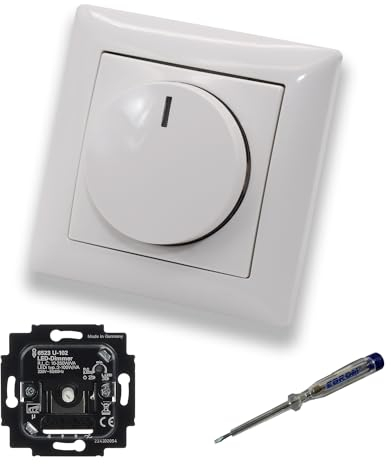 Busch Jäger 6523U-102 LED-Drehdimmer LED-Dimmer mit Dimmerscheibe Zentralplatte 2115-914 Einfachrahmen in Balance Si alpinweiß glänzend inklusive EBROM Phasenprüfer z. Montage des Dimmers 6523 U – 102