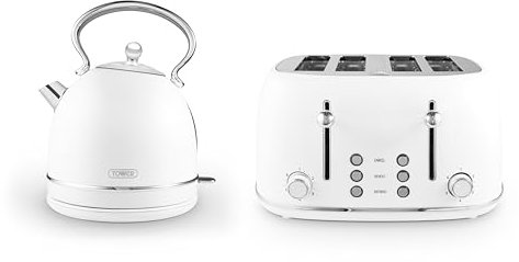 Tower Heritage Kitchen Set, 1.7L Rapid Boil Kettle & 4 Slice Toaster, Optic White, T10076WHT, T20076WHT