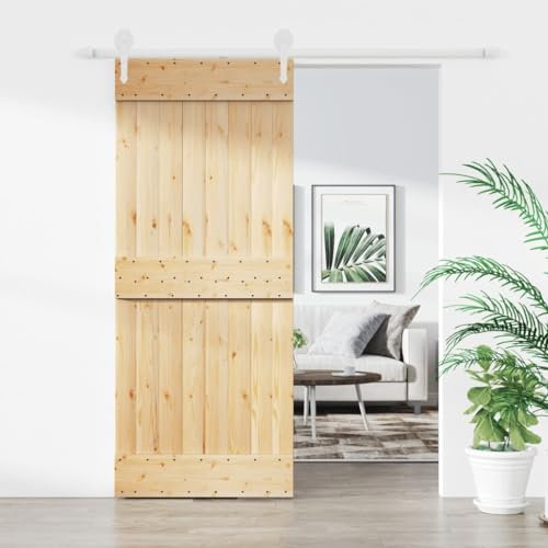 Baziroo Schiebetür mit Beschlag Weiß 85x3,6x210 cm Massives Kiefernholz und Stahl Wooden Door Sliding Door Schibetür Wohnzimmertuer Zimmertür Holz Zimmertüren Scheunentor Holztuer Innentüren