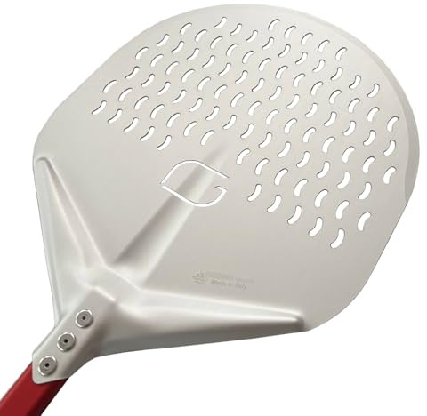 GIEMME Pelle à pizza perforée en aluminium, Professionnel, Anodisée, Forme ronde, Plat perforé (Pelle : Ø 33 cm, Longueur du manche : 120 cm)