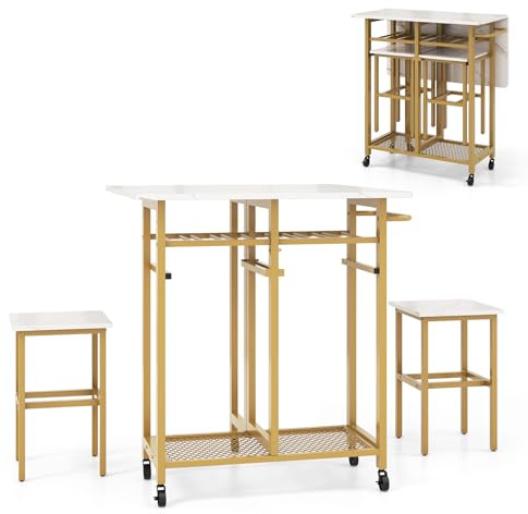 COSTWAY 3 Piece Dining Table Set, Extendable Kitchen Table with 2 Stools, 6-Bottle Wine Rack, Shelves, Side Pushing Handle & 5 Wheels, Folding Breakfast Bar Table Set for Small Space (White + Golden)