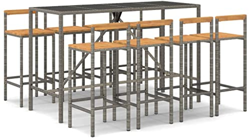 Makastle 9-teilig Gartenbar Set, Garten Sitzgruppe Essgruppe Stehtisch Barstühlen Gartenmöbel, Bartisch mit Barhocker Set für Garten Rasen, Grau Poly Rattan & Massivholz Akazie