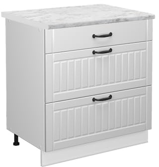 Vicco Küchenunterschrank Fame-Line, Weiß Landhaus, 80 cm mit 3 Schubladen, AP Marmor, zur Kombination mit weiteren Modulen der Fame-Line Serie