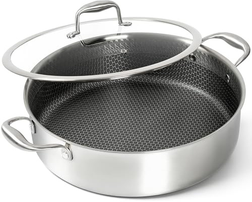 MICHELANGELO Tri-ply Stainless Steel Saute Pan 6 Quart, Deep Frying Pan with Lid, 18/10 Large Saute Pan with Nonstick Honeycomb Interior, Induction Compatible & Oven Safe - 12.5 Inch