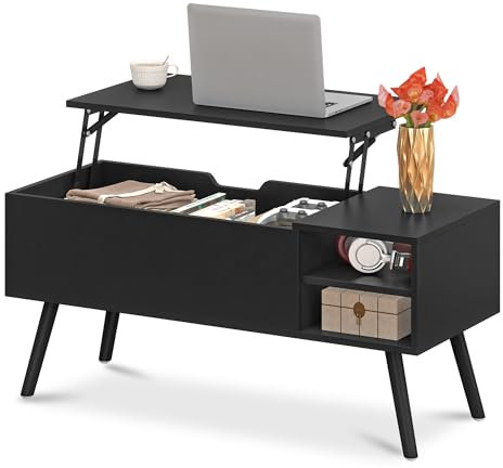 ALINE FURNITURE Black Lift Top Coffee Table with Hidden Storage, Solid Wood Legs & Open Shelves - 40 Pop Up Coffee Tables for Living Room