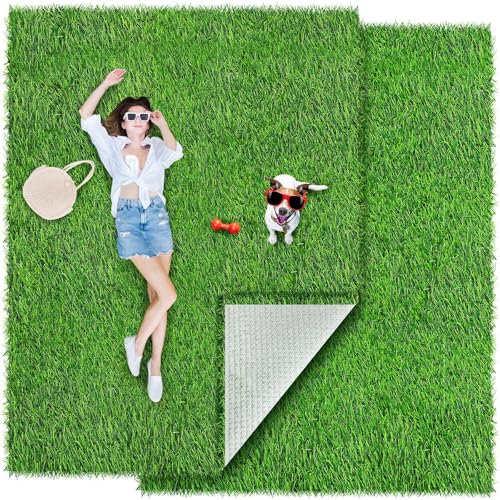 Drydiet Kunstrasen-Teppich für drinnen und draußen, quadratisch, grün, realistischer Campingteppich, Campingteppich, Zelt, Rasenteppich, Kunstrasen für Garten, Hof, Landschaft, Spielplatz, 2 Stück,