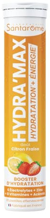 Santarome Bio - Hydra'max - Booster d'hydration et d'énergie - Optimise l'hydratation - Riche en électrolytes - Goût Citron Fraise - 20 pastilles effervescentes - France