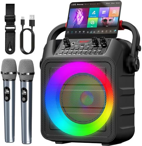 Karaoke con 2 microfono，Cassa Portatile Bluetooth con LED Luci,karaoke professionale completo,Ideale per Home Party e Regalo,Stereo TWS,Supporta USB/TF/AUX