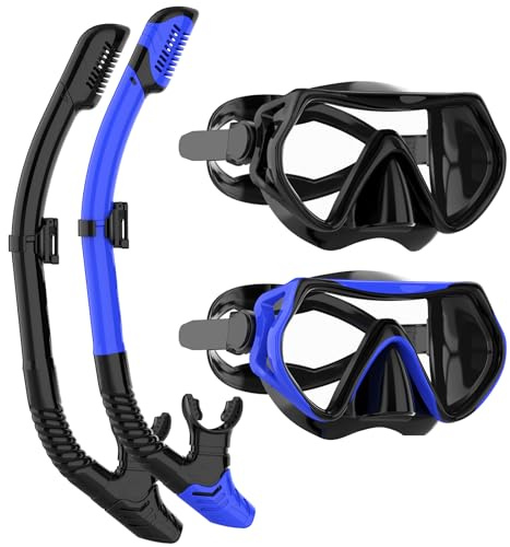 JRing Snorkelset vuxna, dykglasögon och torr snorkling set, anti-läckage och anti-dimma simglasögon snorklingsmask dykmask för män och kvinnor (svart + blå)