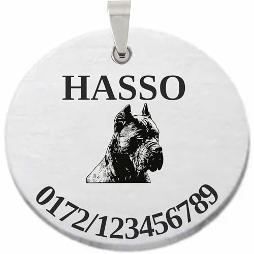 INDIGOS UG - Hundemarke mit Gravur Cane Corso - rund - Wunschtext personalisiert - Edelstahl 40mm - Namensschild Halsband - Dog Tag - Anhänger Marke für Hunde & Welpen