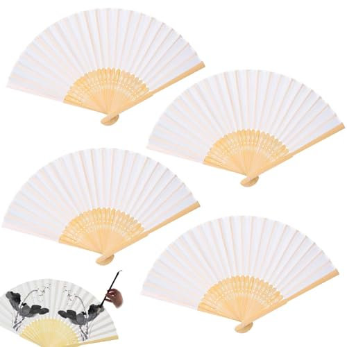 4 Stück Handfächer Faltbare Fächer Weiß, Bambusfächer für eine Abkühlung im Sommer, Fecher für blanko-Papierfächer, DIY-Musterdesign ist verfügbar für Fächer Hochzeit, Fächer Rave, Tanzperformance