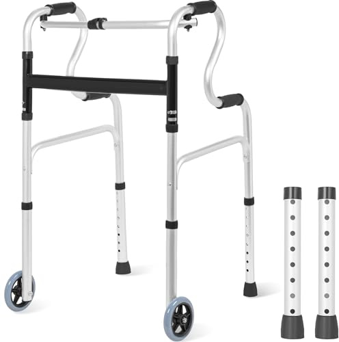 FREEAMG Gehhilfe, faltbar, mit 2 Rädern, Gehgestell aus Aluminium für ältere und behinderte Menschen, höhenverstellbar, Tragkraft 250 kg