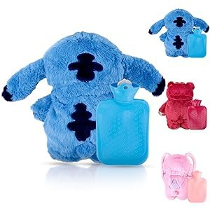 W1 Fluffy Wärmflasche mit Bezug Kinder, Blau Wärmeflasche Cartoon Plüsch Wärmflaschen Tier Hot Water Bottle Wärmflaschenbezug Kuscheltier für Kinder Erwachsene Winter Geschenk, Abnehmbare, Waschbare