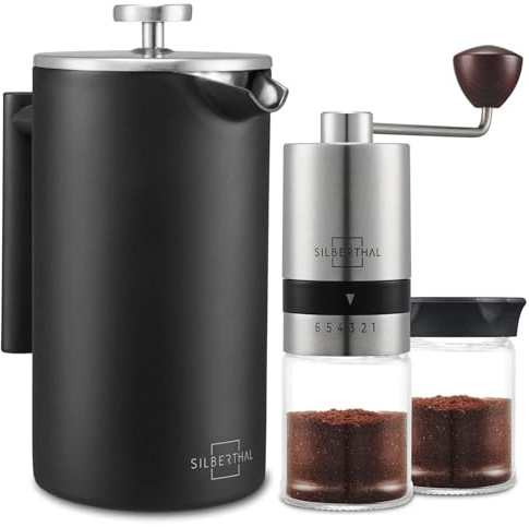 SILBERTHAL Kaffee Handmühle manuell mit konischem Edelstahlmahlwerk | French Press 1 Liter aus Stahl - zum Kaffee genießen im Spar-Set - 2 teilig