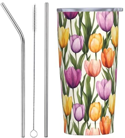 Vaso con estampado de tulipanes coloridos con tapa y popote, vasos aislados de acero inoxidable de 20 onzas, vaso de café personalizado para viaje, botella de agua