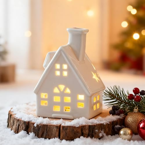 Winterhaus deko Teelichthaus aus Porzellan Häuser Kerzenhalter,Keramik Weihnachtshaus Teelicht Kerzenhalter,Weisse Häuser aus Keramik Deko Adventskerzenhalter Häuschen für Teelichter (Weiß)