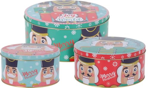 Muddy Hands Set of 3 Round Nutcracker Christmas Storage Tins – Nesting Festive Containers for Sweets, Biscuits, Chocolates & Cookies – Gift Boxes