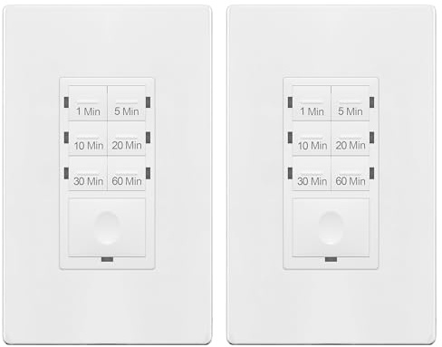 ENERLITES 1-Hour Light Switch Timer, Countdown Wall Timer for Bathroom Fans, Heaters, No Neutral Required, 1-5-10-20-30-60 Min, 120VAC 800W, UL Listed, HET06-J6-W, White, 2 Pack