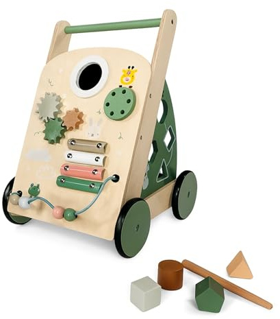 Lemodo Lauflernwagen aus Holz, Lauflernhilfe Baby ab 1 Jahr, gummierte Holzräder, Activity-Board mit 7 Spielen, Motorikwagen mit Aufbewahrungsfach, für erste Schritte in Wohnung und Kinderzimmer