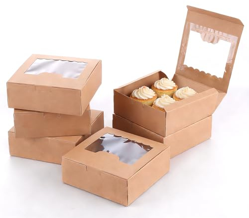 Cake Box 100 Pack, Kraft Cupcake Boxes with Window - Cookie Boxes Brown for Bakery, Baked Goods, Mince Pies & Christmas Treats - Cardboard Gift Box for Pastry, Brownie, Macaron (13.5x13.5x5cm, Brown)