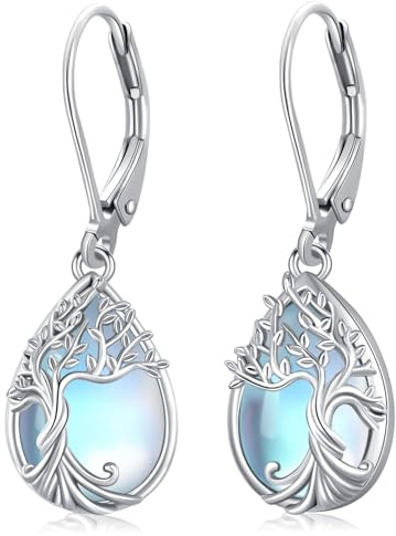 Mondstein Lebensbaum Ohrringe für Damen Baum des Lebens Hängend Ohrringe mit Geburtsstein/Türkis Tropfen Ohrringe Schmuck Geburtstag Geschenke für Frauen Mädchen Mama Tochter