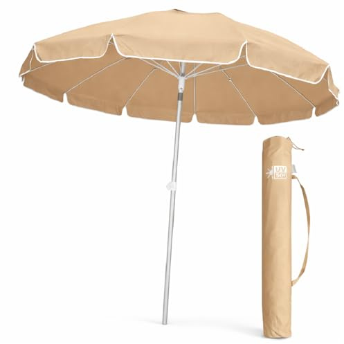 DANYX Ombrellone Mare Spiaggia 200 cm Antivento 12 Stecche Fibra di Vetro, Palo Alluminio 32 mm, UV50+ Inclinabile 45°, AirVent, Punta Trivella con Custodia (Sabbia)