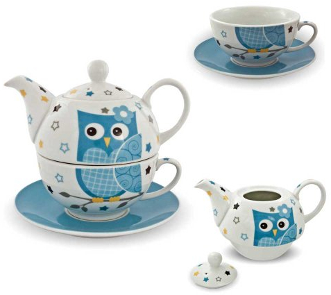 Porzellan Tee Set Tea for one Teeservice Eule blau weiß Teekanne Tasse Untersetzer