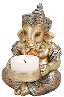 DEKOTEMPEL Deko Figur Ganesha mit Teelichthalter 11 cm, Polystein Champagner Gold Silber, Elefantengott Statue sitzend, Hindu Gott Ganesh Elefant, Buddha Indien