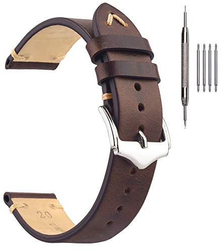 Crazy Horse Öl-Wachs Leder Uhrenarmband für Herren Damen, Vintage, 18-22mm | Weiches Kalbslederfutter, Serafil-Nähte, polierte Edelstahlschließe, Vintage-Look, Werkzeug inklusive